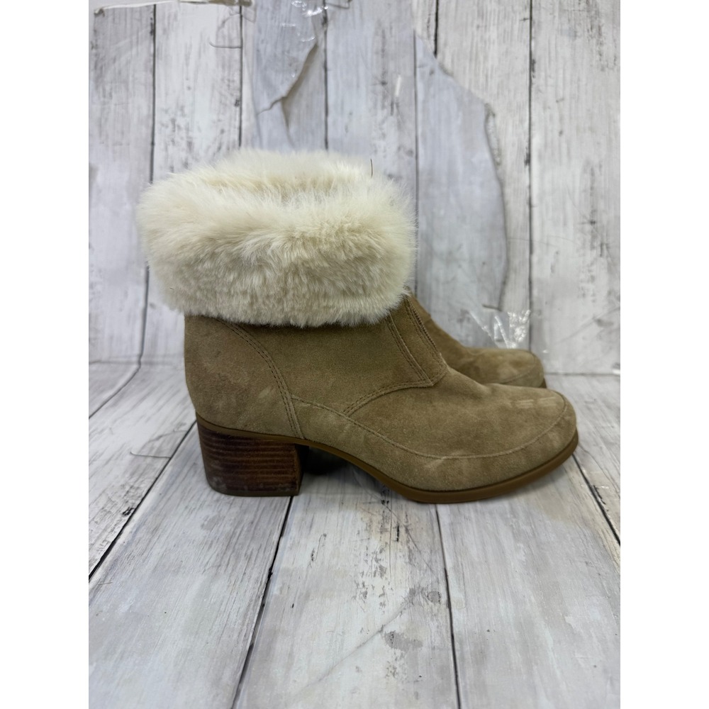 Koolaburra by UGG Women Tan Suede Faux Fur Trim Front Zip Block Heel Ankle Boots